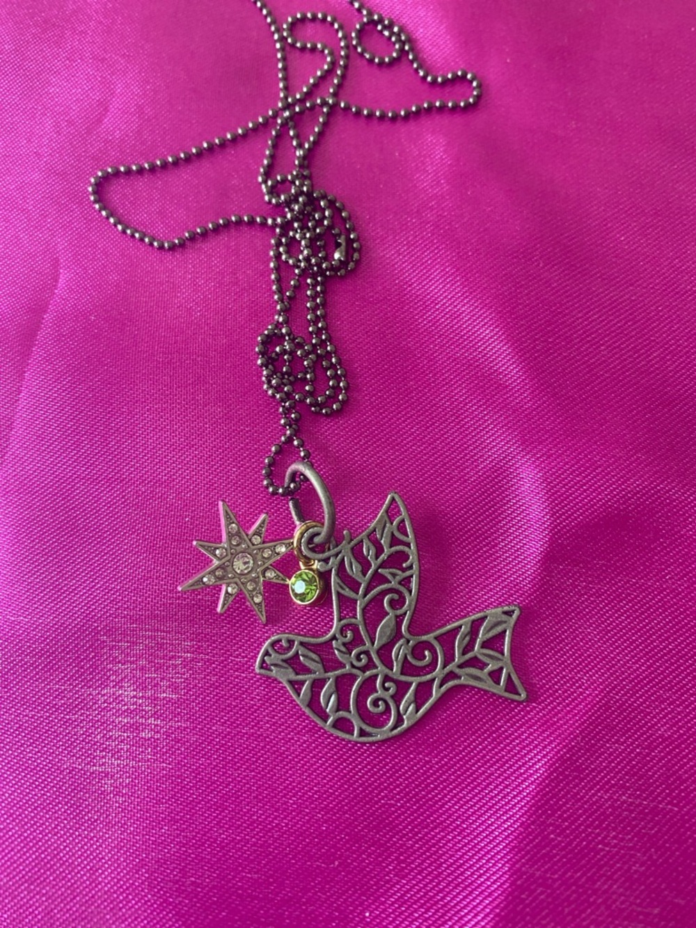 Filigree Dove Pendant Necklace with Star Charm - Silver Tone